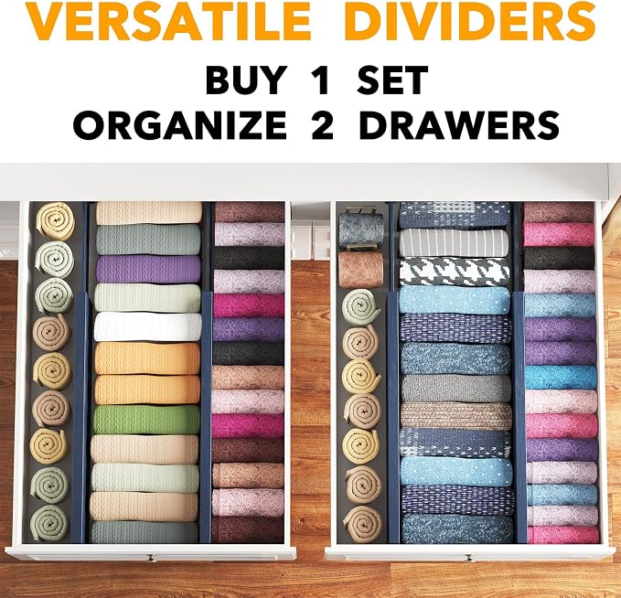 SpaceAid Bamboo 4 Pack Dresser Drawer Dividers, 4.65“ High Adjustable 17“-22” Drawer Organizers, Expandable Organization for Clothing, Clothes, Dressers, Navy Blue