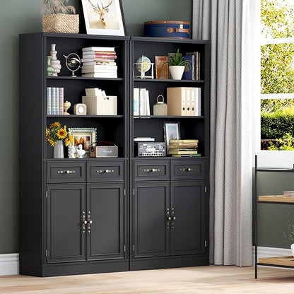 BORNOON 71.4" Tall Bookshelf with Drawers & Cabinet, 5-Tier Floor Standing Bookcase with Storage Doors, Adjustable Shelves & Metal Handles, 31.5" Wide Organizer for Home Office, Living Room