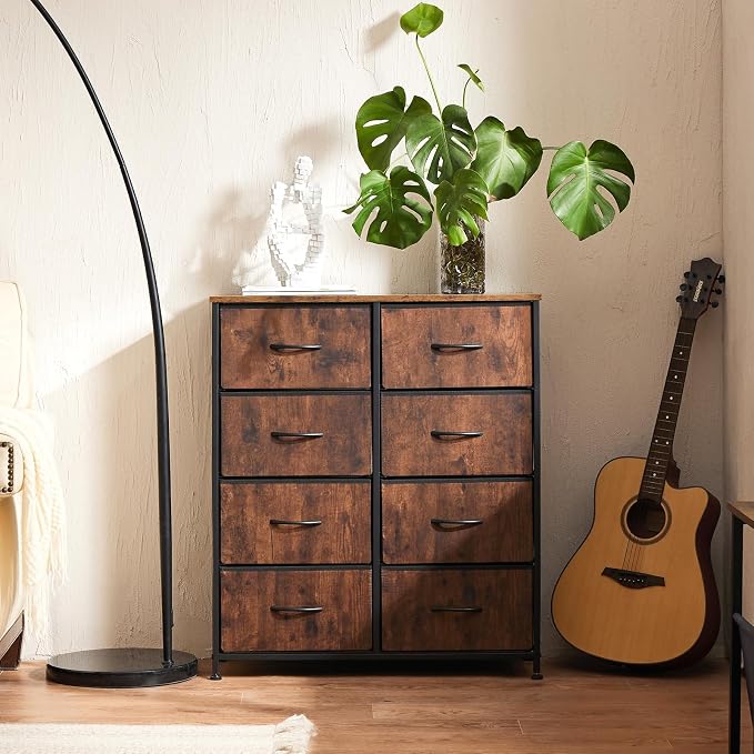 Sweetcrispy Dresser for Bedroom with 8 Storage Drawers, Large Fabric Storage Tower Organizer, Chest of Drawers with Metal Frame Wooden Top for Closet, Living Room, Entryway, Tank