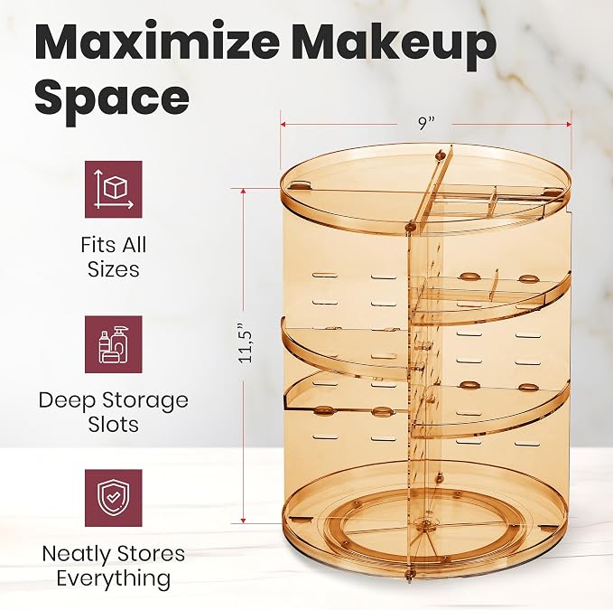 Masirs 360 Rotating Makeup Organizer - Adjustable Shelf Height and Fully Rotatable - The Perfect Round Spinning Cosmetic Organizer for Bedroom Dresser or Vanity Countertop Storage (Brown)