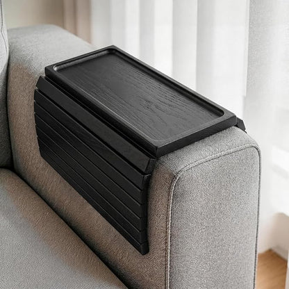 Black Acacia Wood Couch Armrest Table, Couch Arm Tray, Foldable Anti-Slip Bamboo Couch Tray, Sofa Cup Holder for Drink Snacks Remote Control