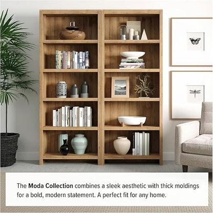 Prepac Moda 5-Tier Tall Wooden Bookcase, Oak Storage Cabinet, Display Cabinet, Bookshelf with Storage Shelves 31.75" W x 80" H x 12" D for Home Office, Living Room, Bedroom Organizer