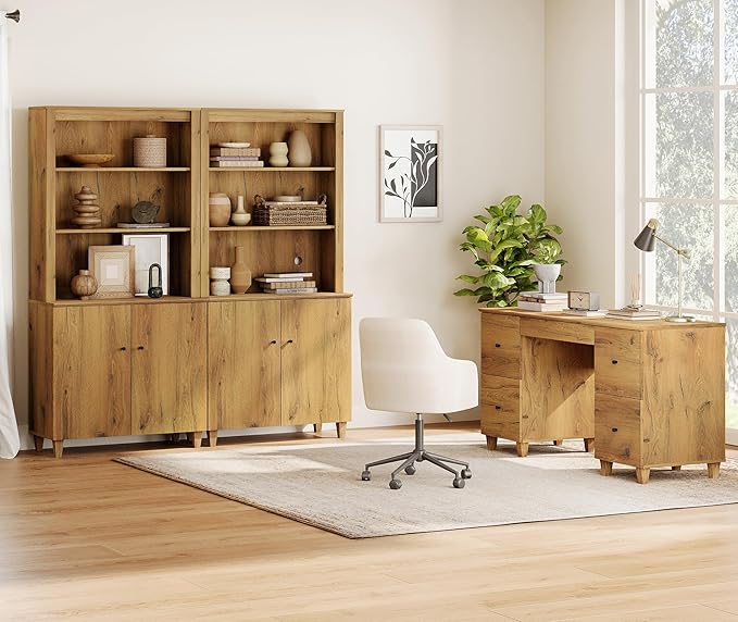 WAMPAT Executive Desk with 4 Deep Drawers, 58 Inch Modern Wooden Office Desk with Charging Station & Keyboard Tray, Home Office Large Computer Desk, Work & Study Writing Desk, Oak Brown