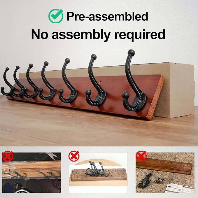 WEBI Rustic Coat Rack Wall Mount,30" Long 7 Cast Iron Coat Hooks Wall Mounted,Heavy Duty Wood Wall Coat Hanger Hooks for Hanging Coats,Jacket,Clothes,Backpack,Farmhouse,Cherry,2 Packs
