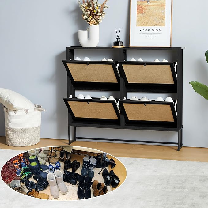 Shoe Cabinet, Shoe Storage Cabinet with 4 Flip Drawers, Freestanding Shoe Organizer Shoe Rack for Entryway, Hallway, Living Room (Black - 4 Tiers)