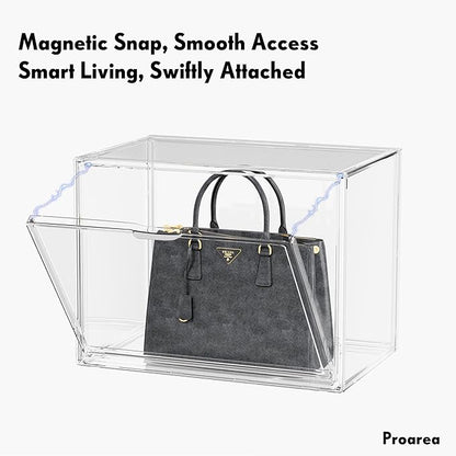 Purse Organizer for Closet, Clear Acrylic Display Case for Handbag Organizer, Stackable Purse Storage Box with Magnetic Door, Plastic Holder Containers for Book, Collectibles, Cosmetic 3 Pack