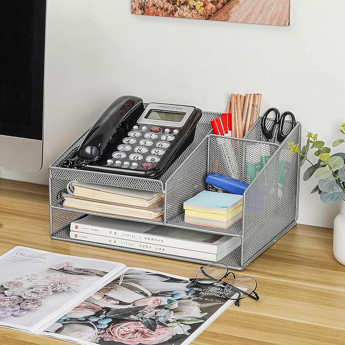 Phone Stand for Desk with 2 Pen Holder, Metal Mesh Desk Organizer with Telephone Holder, 3 Tier Office Storage Desktop Organizer for Workspace, Home, School, Silver