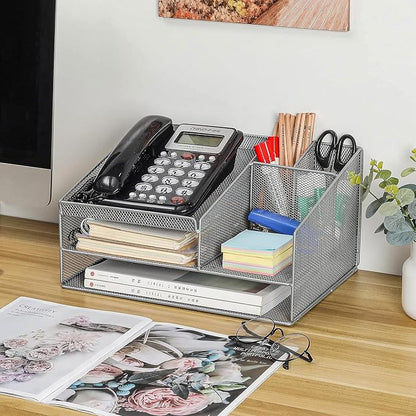 Phone Stand for Desk with 2 Pen Holder, Metal Mesh Desk Organizer with Telephone Holder, 3 Tier Office Storage Desktop Organizer for Workspace, Home, School, Silver