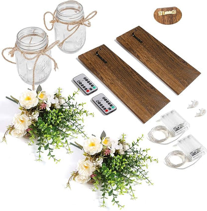 Rustic Wall Sconces Mason Jar Sconces Handmade Wall Art Hanging Design with Remote Control LED Fairy Lights and White Peony,Christmas Decor Gift Farmhouse Wall Home Decor Living Room Lights Set of Two