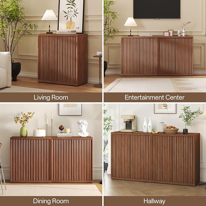 31” Sideboard Cabinet with Storage, Fluted Accent Cabinet with Adjustable Shelves, Modern Wood Credenza Cabinets with Pop-up Doors for Entryway Kitchen Living Room Hallway, Walnut 2pcs