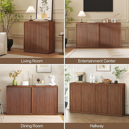 31” Sideboard Cabinet with Storage, Fluted Accent Cabinet with Adjustable Shelves, Modern Wood Credenza Cabinets with Pop-up Doors for Entryway Kitchen Living Room Hallway, Walnut 3pcs
