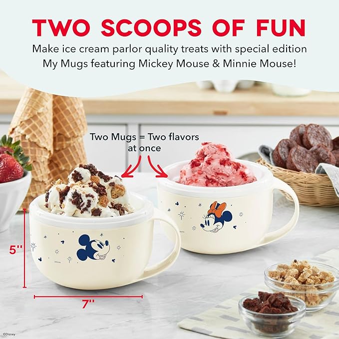 Disney Dash My Mug Ice Cream Maker Bundle - Mini Electric Ice Cream Maker - Creates Gelato, Sorbet & Frozen Yogurt - Easy to Clean & Use - 2 Mugs, Mickey & Minnie Design