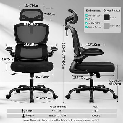 High Back Ergonomic Office Chair, Breathable Mesh Desk Chair with Lumbar Support, Adjustable Headrest, Flip-up Armrests, Computer Gaming Chair, (Black, 1Pack)