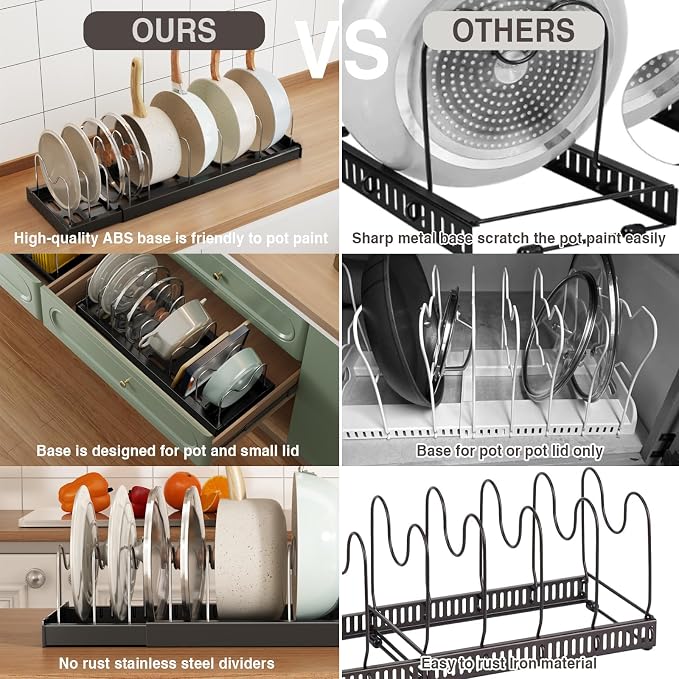 Magheo 2 Pack Expandable Food Storage Container Lid Organizers, 22" Pots and Pans Organizer Under Cabinet with 9 Adjustable Dividers Pot and Pan Lid Holders Rack Inside Cabinet(Black)