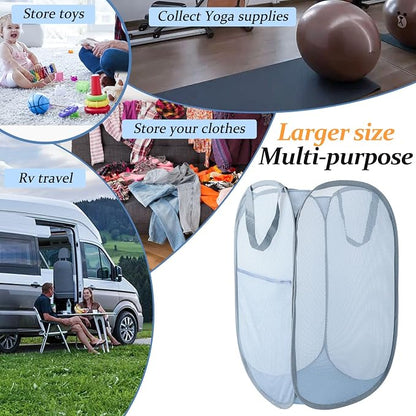 Upgraded 100L Extra Large Collapsible Laundry Hampers. Pop Up Laundry Basket Mesh with Pocket, Fold Compact, Large Hold Portable Travel Laundry Bag for Dorm Storage Bin, Grey. V
