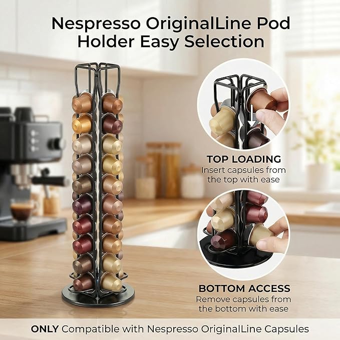 Coffee Pod Holder for Nespresso OriginalLine Capsules, 40 Capacity Rotating Carousel Coffee Pods Organizer, 360 Spinning Coffee Station Storage Rack, Metal Coffee Pod Stand for Kitchen (Black)