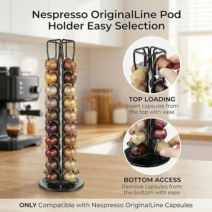 Coffee Pod Holder for Nespresso OriginalLine Capsules, 40 Capacity Rotating Carousel Coffee Pods Organizer, 360 Spinning Coffee Station Storage Rack, Metal Coffee Pod Stand for Kitchen (Black)