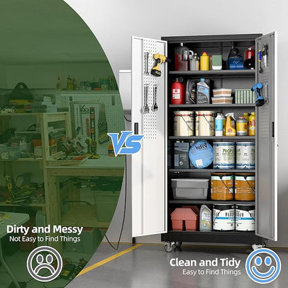 Garage Storage Cabinet with Wheels & Pegboard, Lockable Metal Storage Cabinet with Doors and 5 Adjustable Shelves for Garage, Home, Storage, Assembly Required, Black and Silvery, 71" H×34" W×18" D