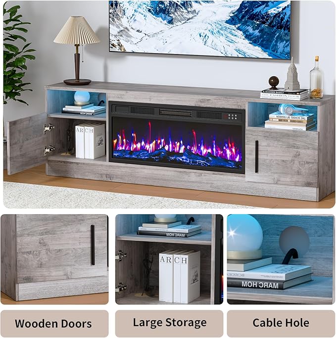 PRETZI Fireplace TV Stand with 36" Fireplace Up to 80" TVs, 70" Entertainment Center with LED Lights, Remote Control, TV Media Console with Storage Cabinets for Living Room, Gray