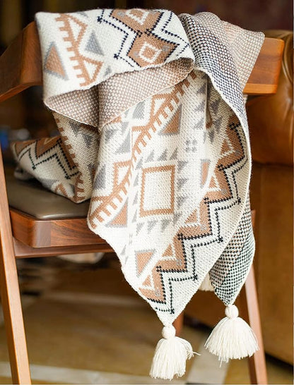 Boho Throw Blanket, Knitted Brown Tassel Throw Blankets, Soft Lightweight Vintage Tan Throw Blanket for Sofa Couch Bed and Living Room- All Seasons (50x60 Inch)