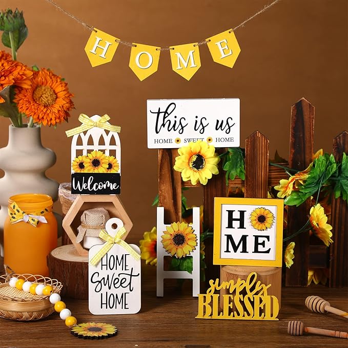 11 Pcs Sunflower Tiered Tray Decor Summer Rustic Home Farmhouse Tiered Tray Decorations Set Wooden Signs Vintage Farm Animal Farmhouse Tabletop Wood Signs for Kitchen Table Shelf Decor