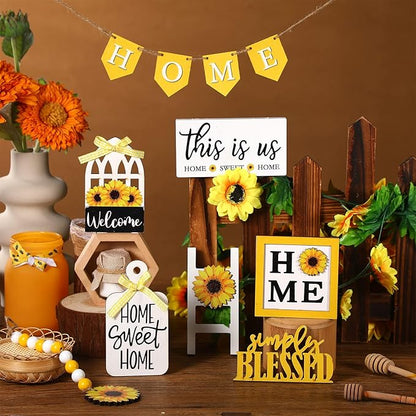 11 Pcs Sunflower Tiered Tray Decor Summer Rustic Home Farmhouse Tiered Tray Decorations Set Wooden Signs Vintage Farm Animal Farmhouse Tabletop Wood Signs for Kitchen Table Shelf Decor
