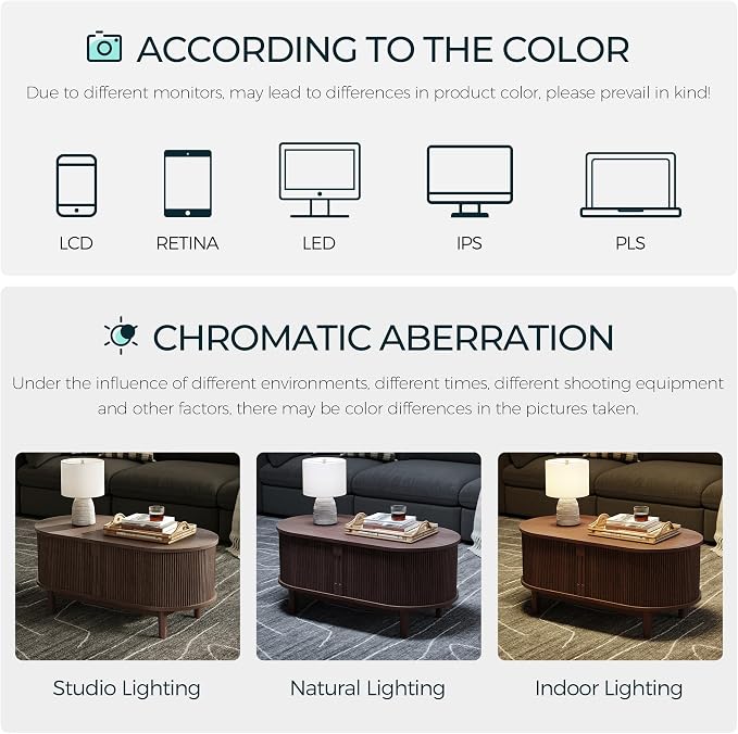LINSY HOME Oval Coffee Table, Wood Coffee Table with Storage, Fluted Accent Center Table with Sliding Tambour Door, 39" Mid Century Modern Coffee Tables for Living Room, Bedroom, Apartment, Walnut