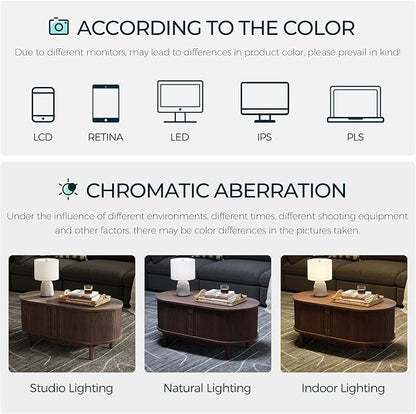 LINSY HOME Oval Coffee Table, Wood Coffee Table with Storage, Fluted Accent Center Table with Sliding Tambour Door, 39" Mid Century Modern Coffee Tables for Living Room, Bedroom, Apartment, Walnut