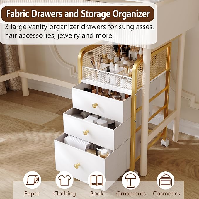 Rolling Makeup Organizer Cart with 3 Drawers, Under Desk Vanity Makeup Storage Cart, Bathroom Storage Cart Cosmetic Display Cases Cabinet for Nail Polish, Brushes & Hair Tools, Gold