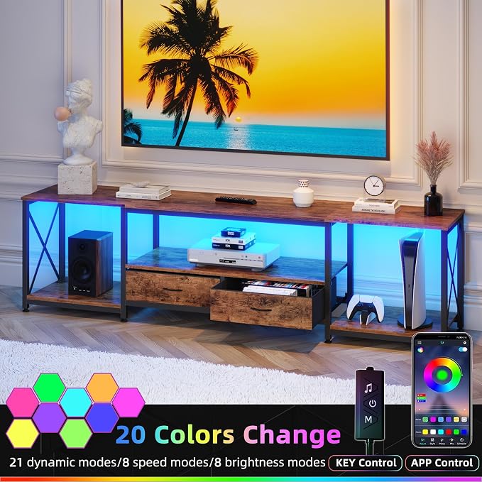 GYIIYUO TV Stand with Fabric Drawers for 80 85 Inches TV - Entertainment Center and Industrial TV Console Table with Open Storage Shelves for Living Room, Bedroom- 79.1" Rustic Brown