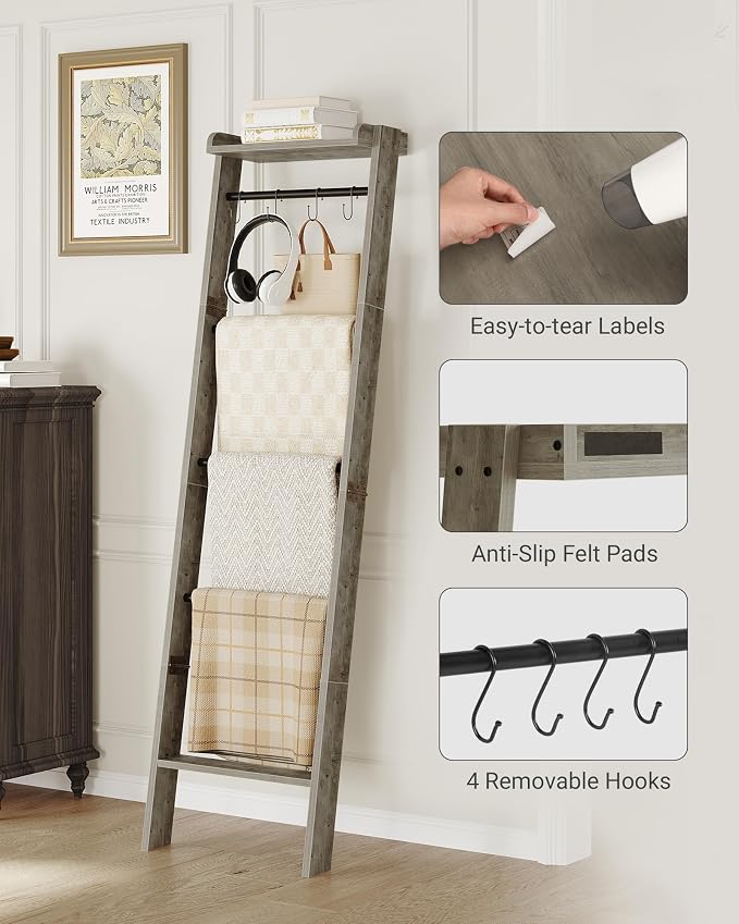 Hzuaneri Blanket Ladder Shelf, Decorative Quilt Rack, 6-Tier Farmhouse Ladder Holder Organizer with 4 Removable Hooks 7.9" D x 17.3" W x 63.4" H, Greige BR35805B