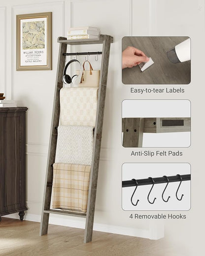 Hzuaneri Blanket Ladder Shelf, Decorative Quilt Rack, 6-Tier Farmhouse Ladder Holder Organizer with 4 Removable Hooks 7.9" D x 17.3" W x 63.4" H, Greige BR35805B