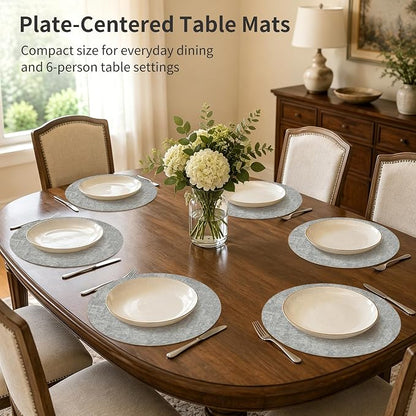 Maxpearl Round Placemats Set of 6, 13.8 inch Faux Leather Heat Resistant Table Mats, Non Slip Waterproof Wipeable Place Mats for Kitchen Dining Holiday Party Table Settings, Grey