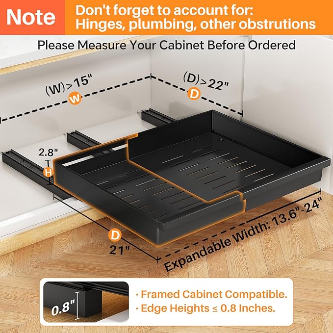 Pull out Cabinet Organizer, 4-Pack Expandable(13.6"-24") Silde out Drawers with Raising Pad for Framed Cabinets, Adjustable Full-Extension Roll out Shelves for Kitchen Pantry Home Pot and Pan(Black)