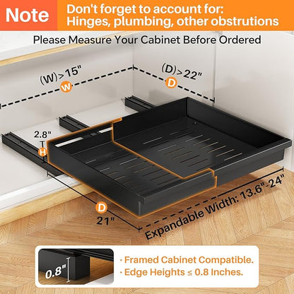 Pull out Cabinet Organizer, 1-Pack Expandable(13.6"-24") Silde out Drawers with Raising Pad for Framed Cabinets, Adjustable Full-Extension Adhesive Roll out Shelves for Kitchen Pantry Home Pot and Pan