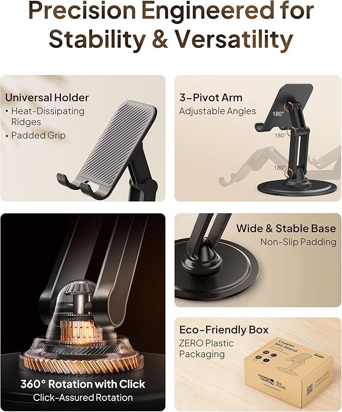 COOPER 360° Stand, [Gift Family Pack], Rotating Cell Phone Stand for Desk, Cell Phone Holder for Desk, iPhone Stand Holder, Sturdy Metal Base, Fits Samsung, Android Smartphones, (Piano Black, 2-Pack)