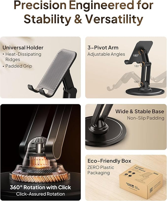 COOPER 360° Stand, [Gift Family Pack], Rotating Cell Phone Stand for Desk, Cell Phone Holder for Desk, iPhone Stand Holder, Sturdy Metal Base, Fits Samsung, Android Smartphones, (Piano Black, 2-Pack)