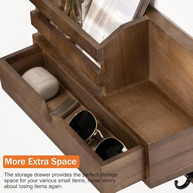 Key and Mail Holder for Wall, Mail Organizer Wall Mount with 6 Hooks and Storage Drawer, Wooden Key Rack Hanger with Shelf for Entryway and Home Decor