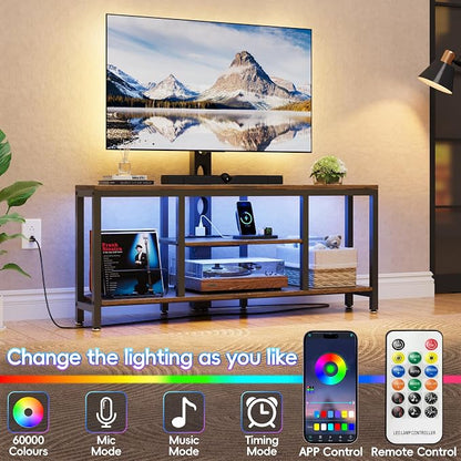 Corner TV Stand with Mount LED - Universal TV Mount Stand for 32-65" TV, Height Adjustable Swivel TV Console Wood & Steel Entertainment Center with Mount, Cabinet, Power Outlet, Colorful Light (Brown)