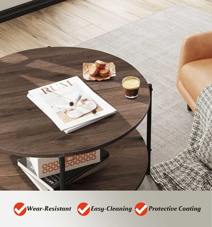 WLIVE Round Coffee Table for Living Room, 32.6" Small Coffee Table with Open Storage Shelf, 2-Tier Industrial Circle Wood Center Table for Bedroom, Home Office, Brown Walnut