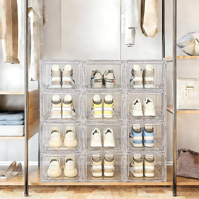 BVBOX 12 Pack Acrylic Shoe Storage Boxes with Magnetic Door - 360° Clear Stackable Shoe Display Box Set, Plastic Shoe Cabinet Rack Box for Sneakers Heels Shoes (12, Clear, L - Front Open)