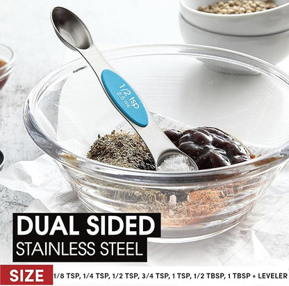 Spring Chef Stainless Steel Magnetic Measuring Spoons Set of 8 with Leveler, Nesting Teaspoon & Tablespoon Measuring Spoons for Dry and Liquid Ingredients, Kitchen Gadgets for Baking & Cooking - Teal
