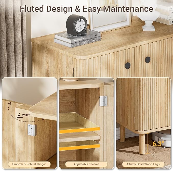 Fluted Sideboard Cabinet, Modern Buffet Cabinet, Small Storage Cabinet with Adjustable Shelves & Wood Legs, Accent Credenza Sideboard for Kitchen, Coffee Bar, Living Room, Entryway, Hallway
