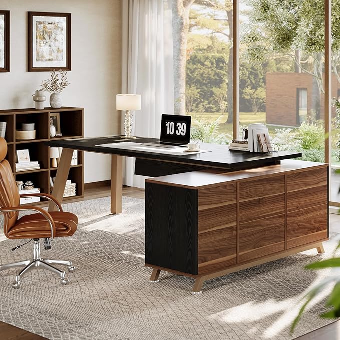 Tribesigns 78.7" L-Shaped Executive Desk, Modern Office Desk with File Drawers & Storage Shelves, Large Computer Desk with 55-Inch Cabinet, Business Workstation for Home Office, Black & Walnut