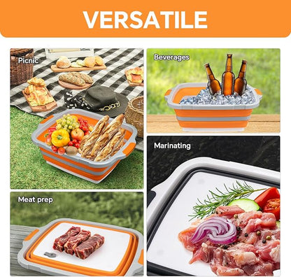 Collapsible BBQ Prep Tub for Meal Prep, Marinating, and Food Storage - Includes Cutting Board and Locking Lid,Ideal Gifts for Christmas,Dad,mother (X-Large) Orange