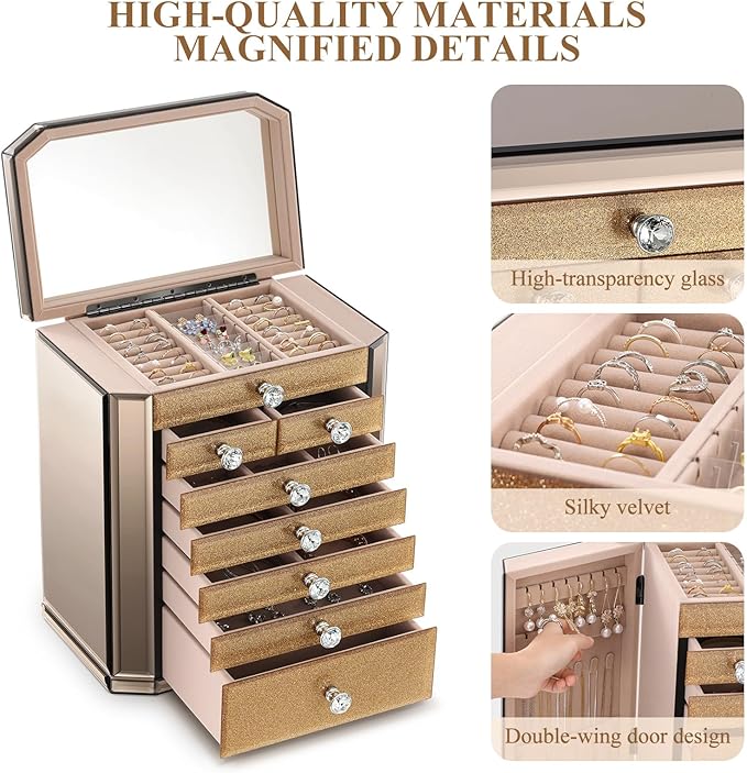 Large High End Glass Jewelry Box - 7 Layer Jewelry Organizer with Mirror, 2-Sided Doors, Velvet-Lined Storage for Rings, Necklaces, Earrings, Bracelets - Christmas Gift for Women