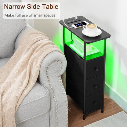 Narrow End Table Living Room with Charging Station, Skinny Side Table with Fabric Drawers, Slim LED Nightstand for Bedroom, Small Spaces, Couch, Black, HETNDP03LBK-1
