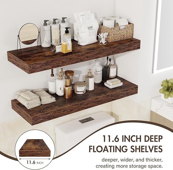 Acovy 30 Inch Floating Shelves, 12" Deep Floating Shelf Wall Mounted, 30" Wall Shelves, Rustic Deep Bookshelf, Extra Deeper & Thicker Display Shelves for Bedroom, Living Room, Brown, Set of 2