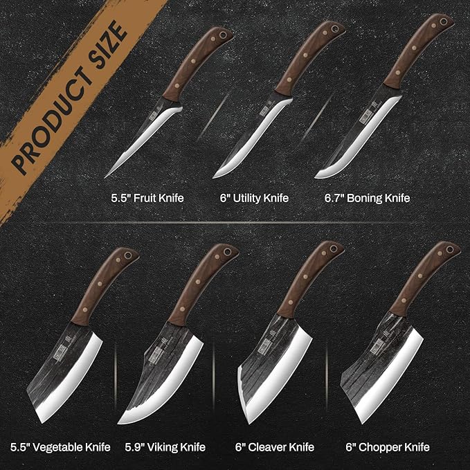 HOSHANHO Butcher Knife Set, Hand Forged Butcher Chef Knife Set with Roll Bag, Sharp Meat Cleaver Knife & Bone Chopper Knives & Fillet Knives for Home & Camping & BBQ Gift with Men