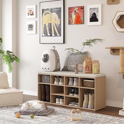 DINZI LVJ Shoe Storage Bench with Cushion, 12-Cubby Shoe Rack, Adjustable Shelves, 40.9" Long Shoe Organizer Bench for Entryway, Mudroom, Hallway, Garage, Natural and Cappuccino Beige